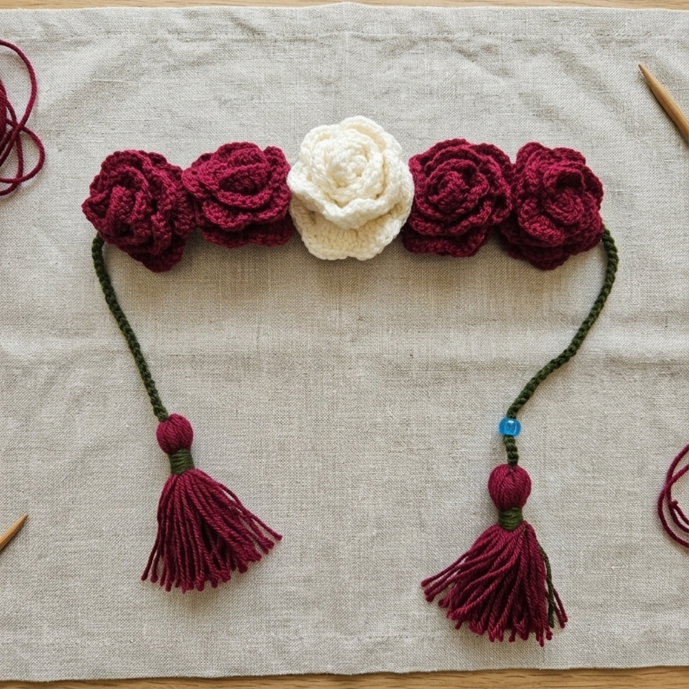Handcrafted Floral Headband/ Hair Bun Wrap with Tassels